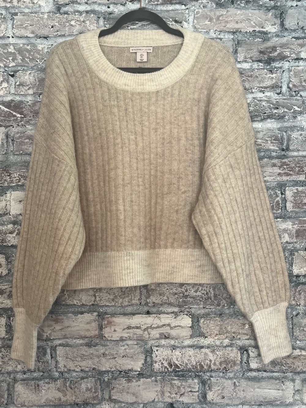 Sincerly Jules Neutral Ribbed Crewneck Sweater Light Tan Oatmeal/Cream trim NWOT